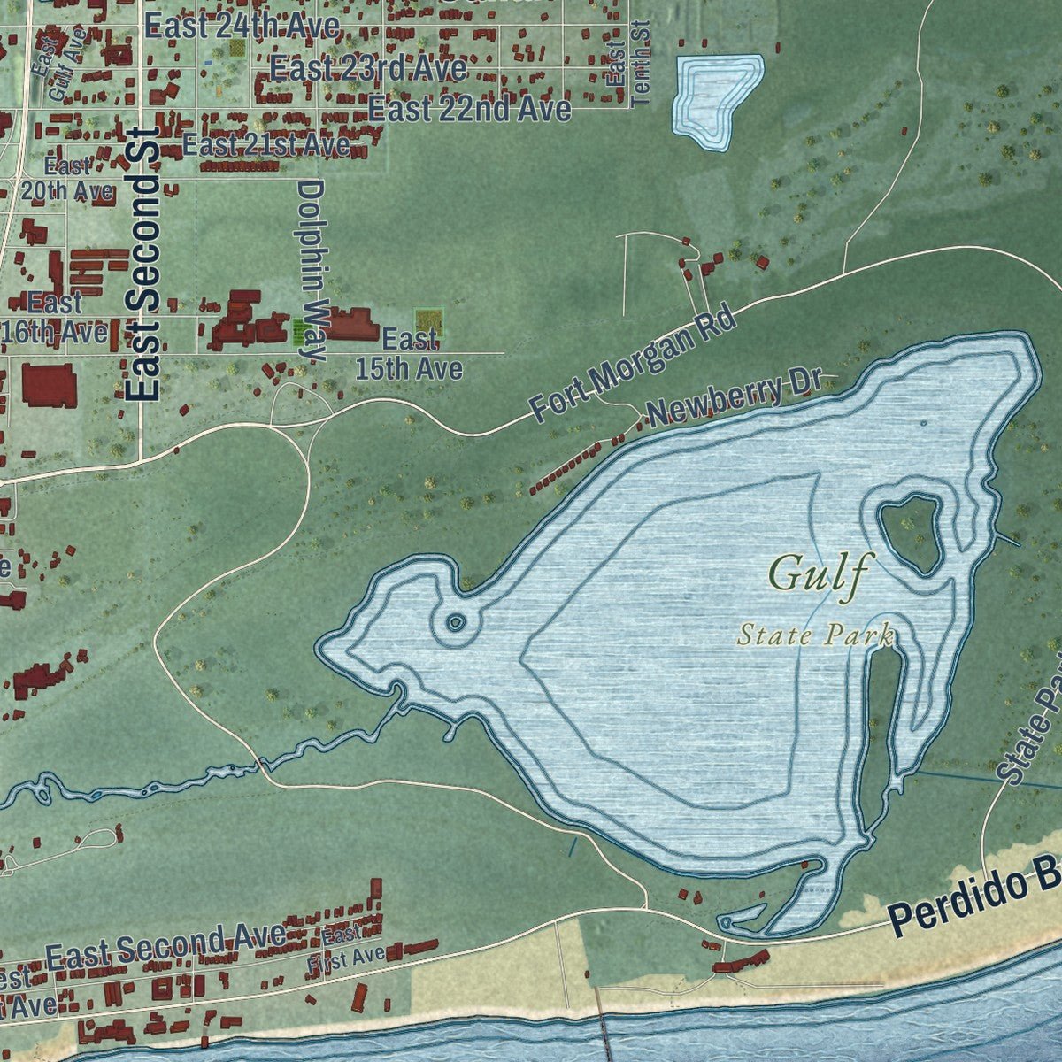 Close-up of the map of Gulf Shores, Alabama print showing street and building detail