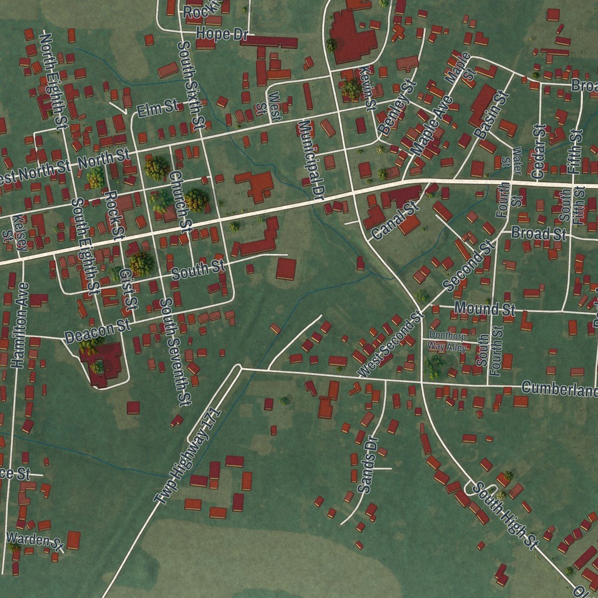 Close-up of the map of Hebron, Ohio print showing street and building detail