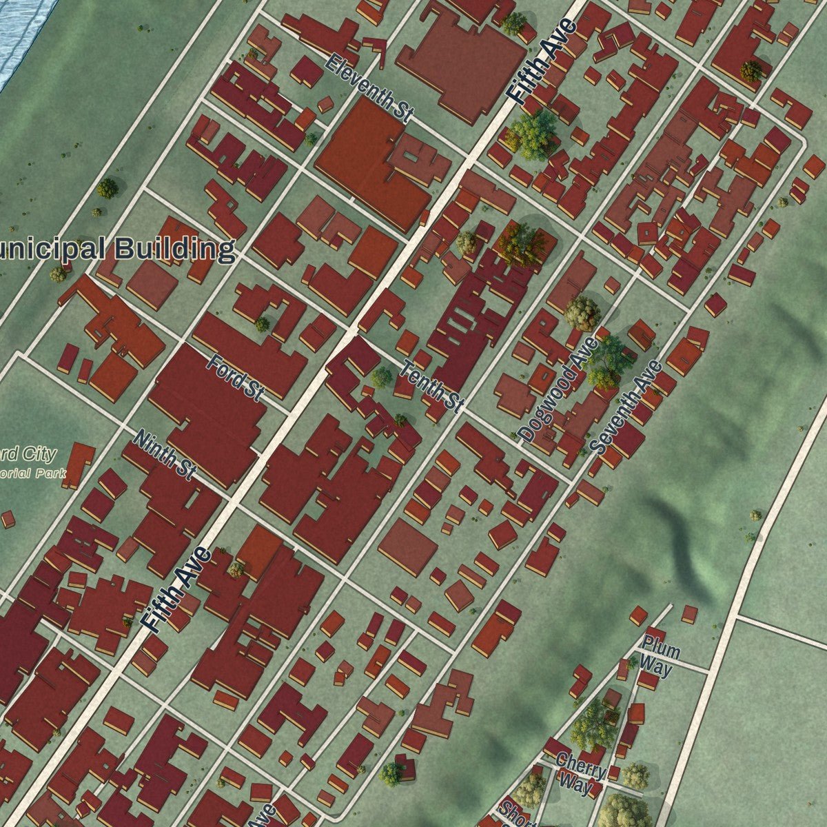 Close-up of the map of Ford City, Pennsylvania print showing street and building detail