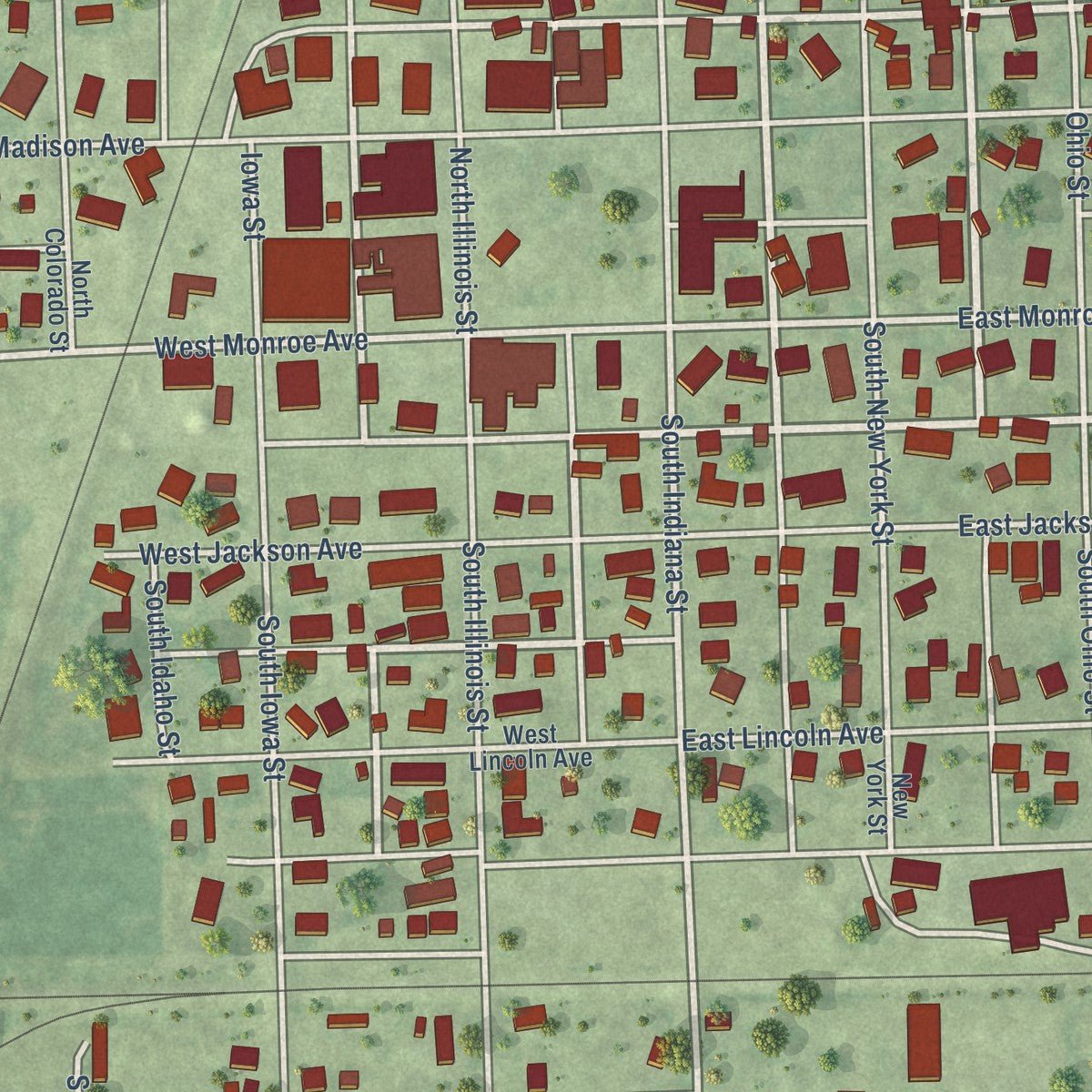 Close-up of the map of Chrisman, Illinois print showing street and building detail
