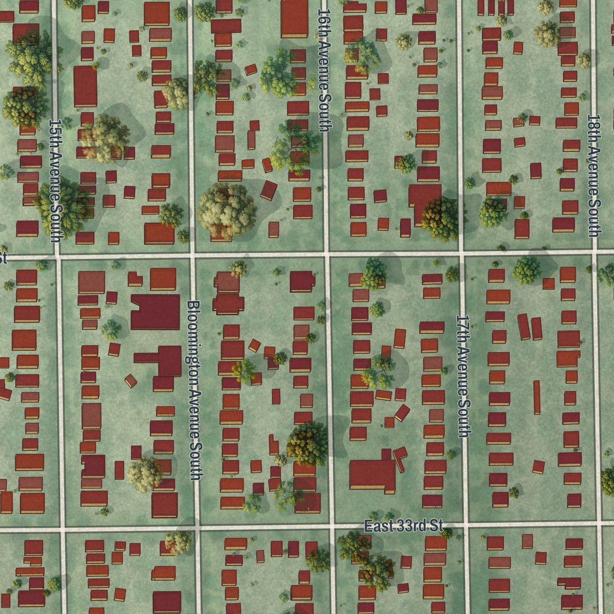 Close-up of the map of Powderhorn Park, Minnesota print showing street and building detail