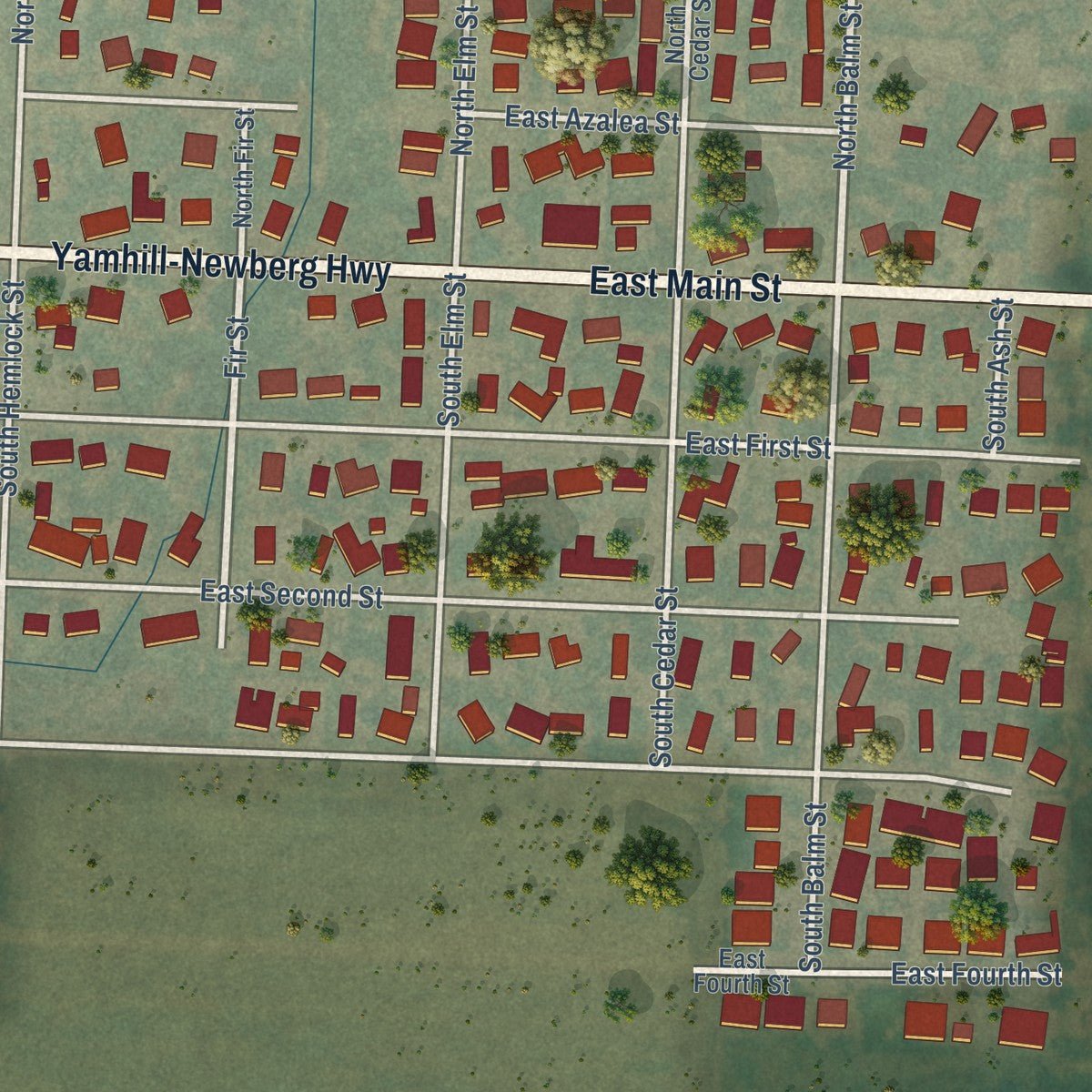 Close-up of the map of Yamhill, Oregon print showing street and building detail