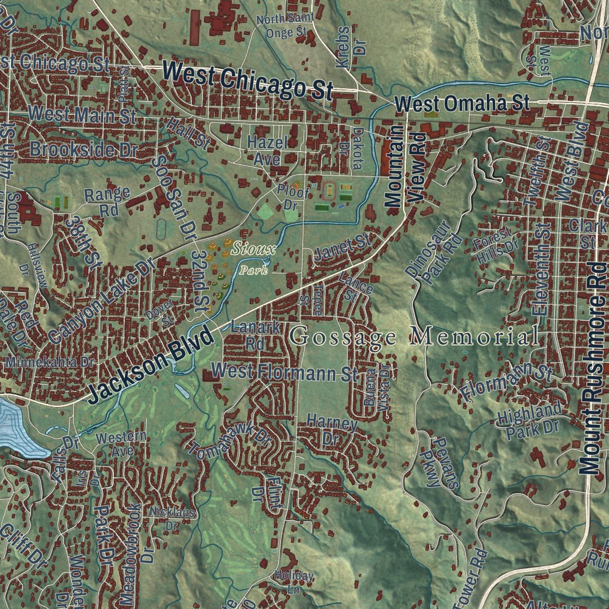 Close-up of the map of Rapid City, South Dakota print showing street and building detail