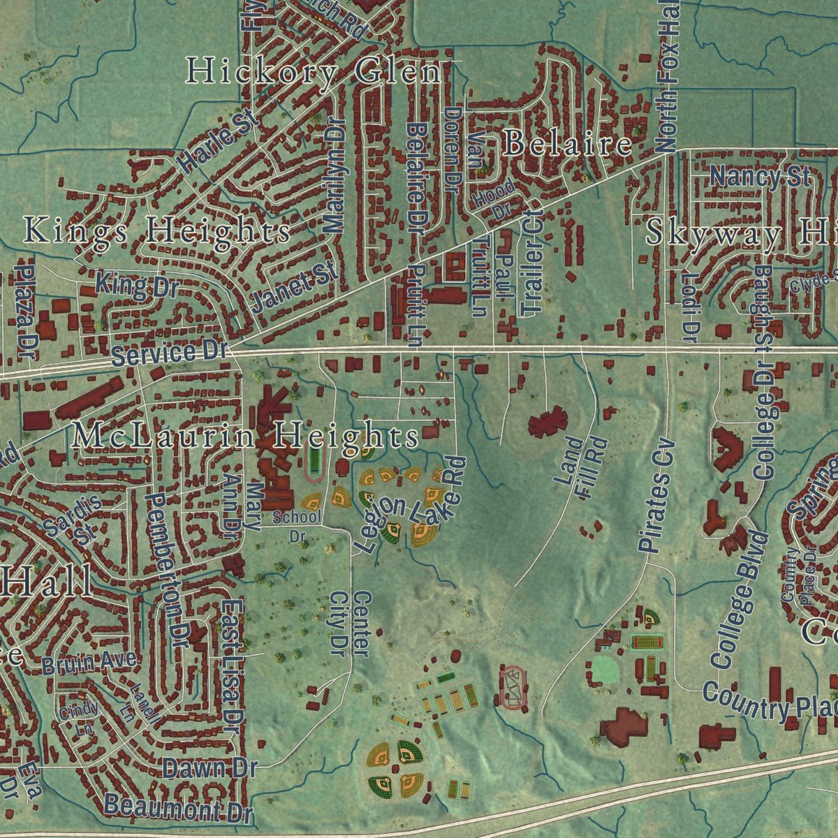 Close-up of the map of Pearl, Mississippi print showing street and building detail