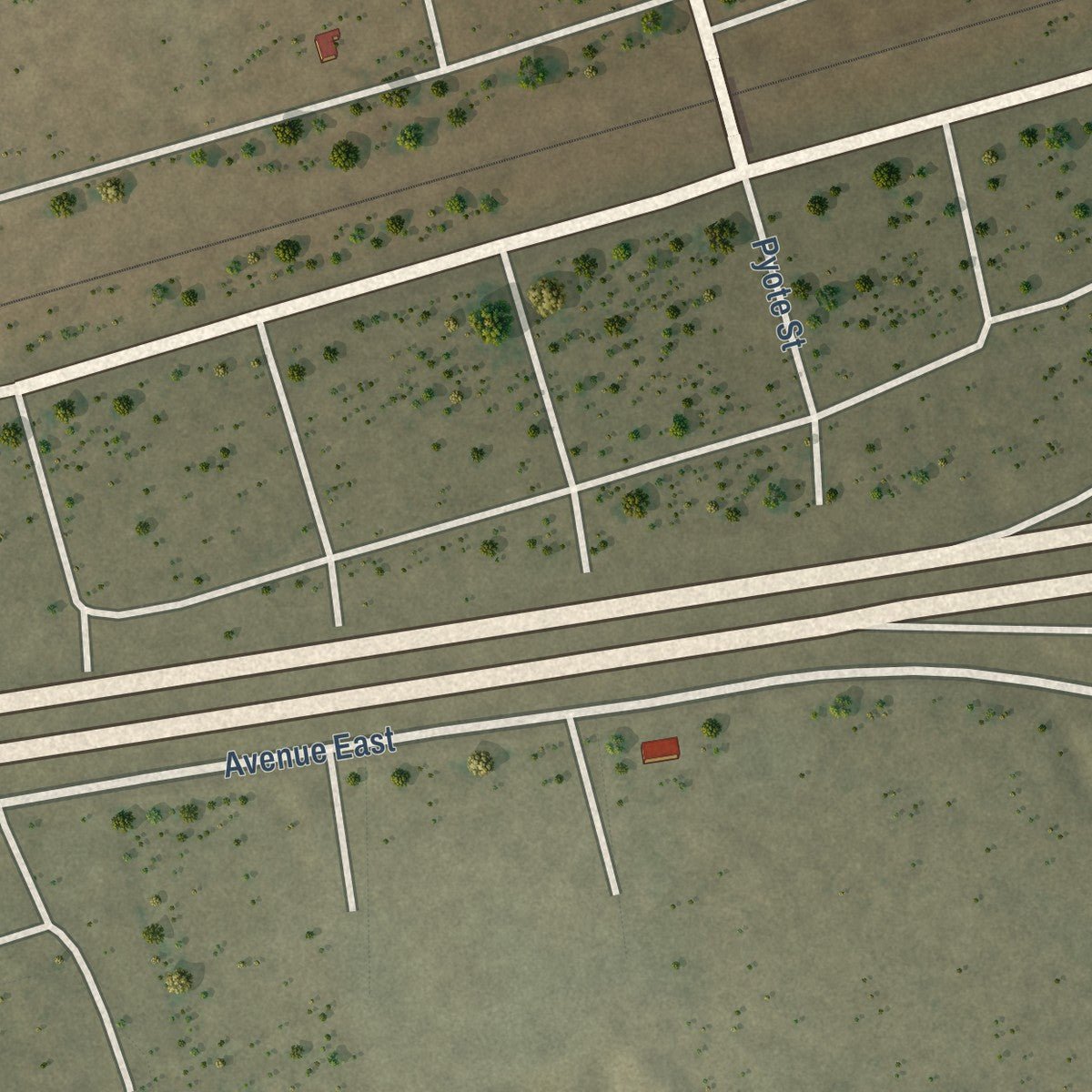 Close-up of the map of Pyote, Texas print showing street and building detail