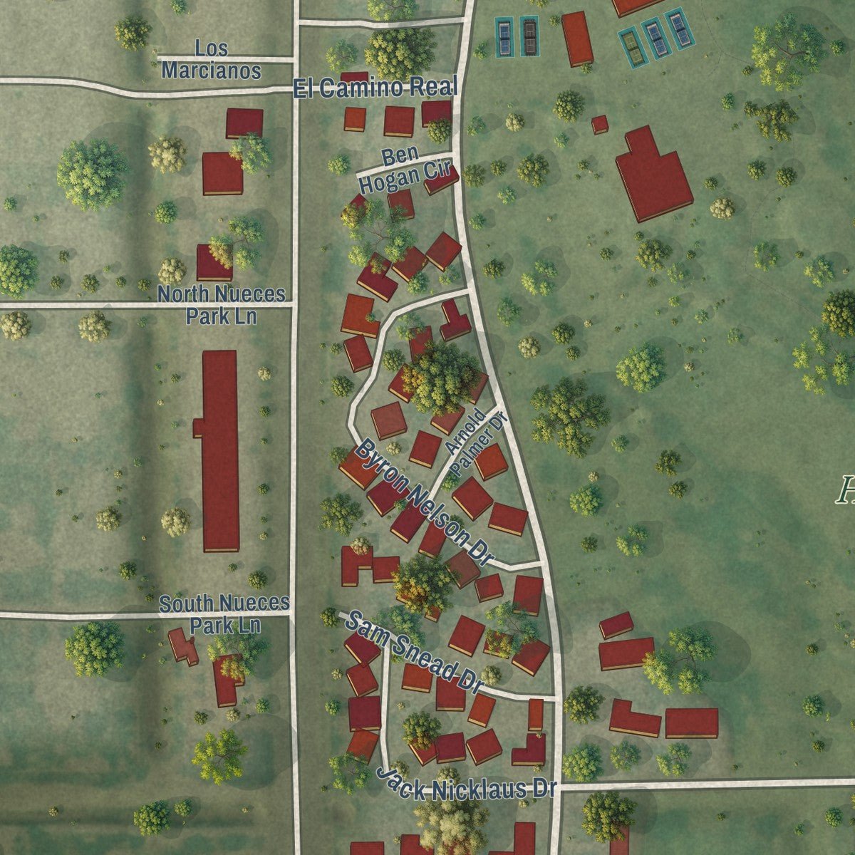 Close-up of the map of Palm Valley, Texas print showing street and building detail