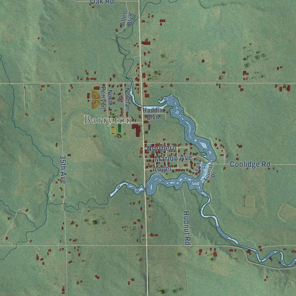 Close-up of the map of Fork, Michigan print showing street and building detail