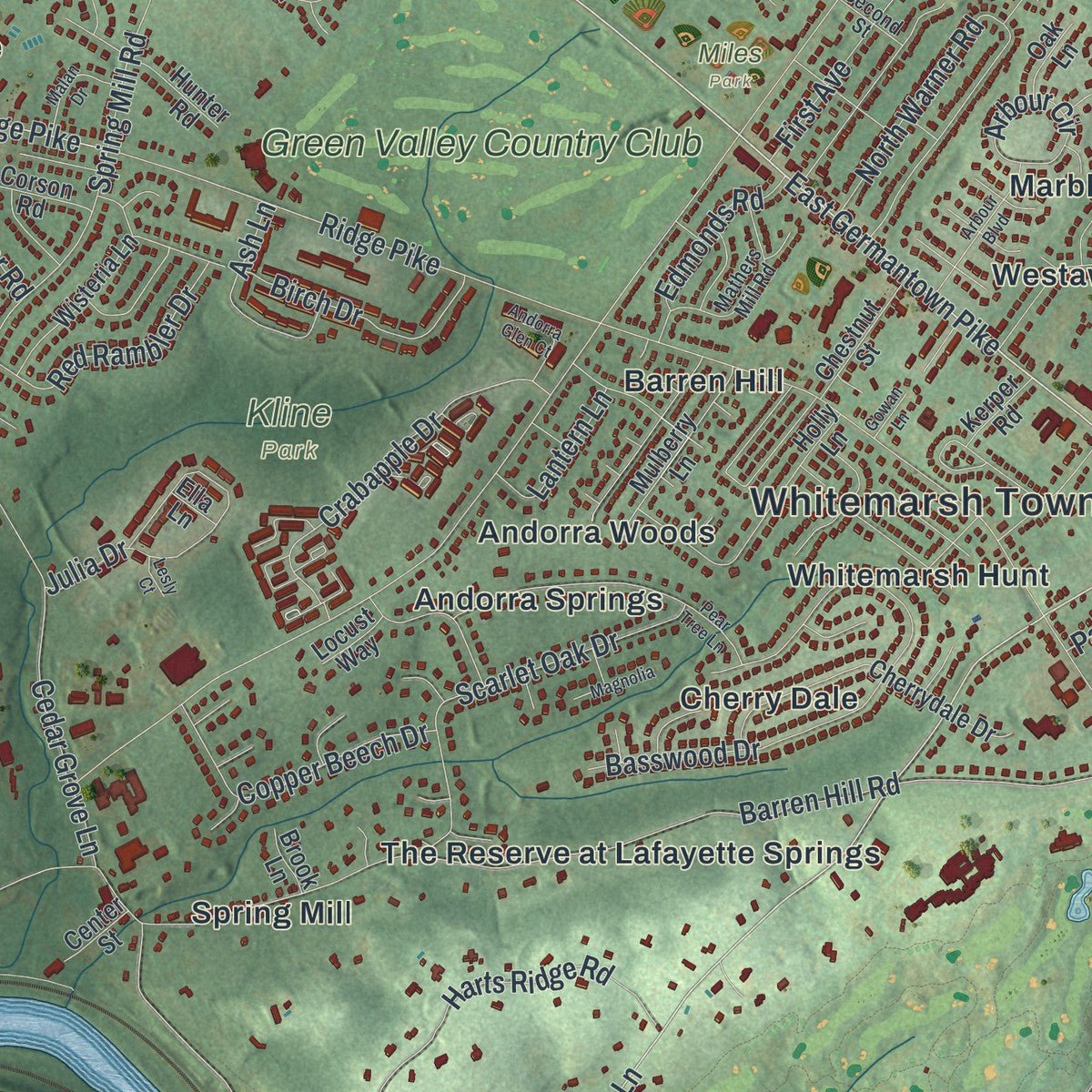 Close-up of the map of Whitemarsh, Pennsylvania print showing street and building detail