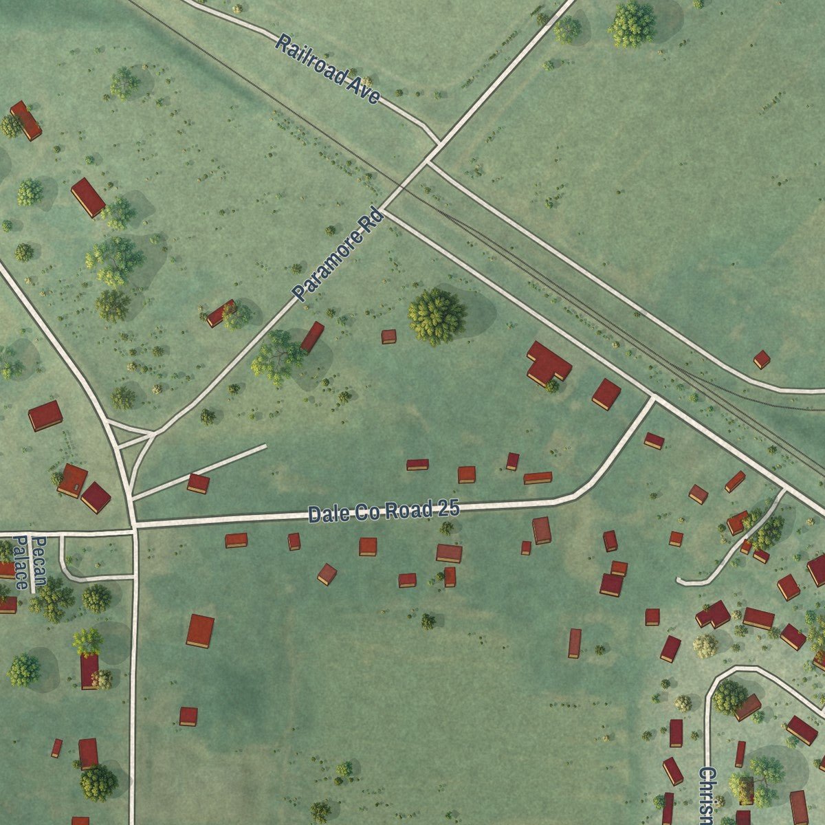 Close-up of the map of Grimes, Alabama print showing street and building detail