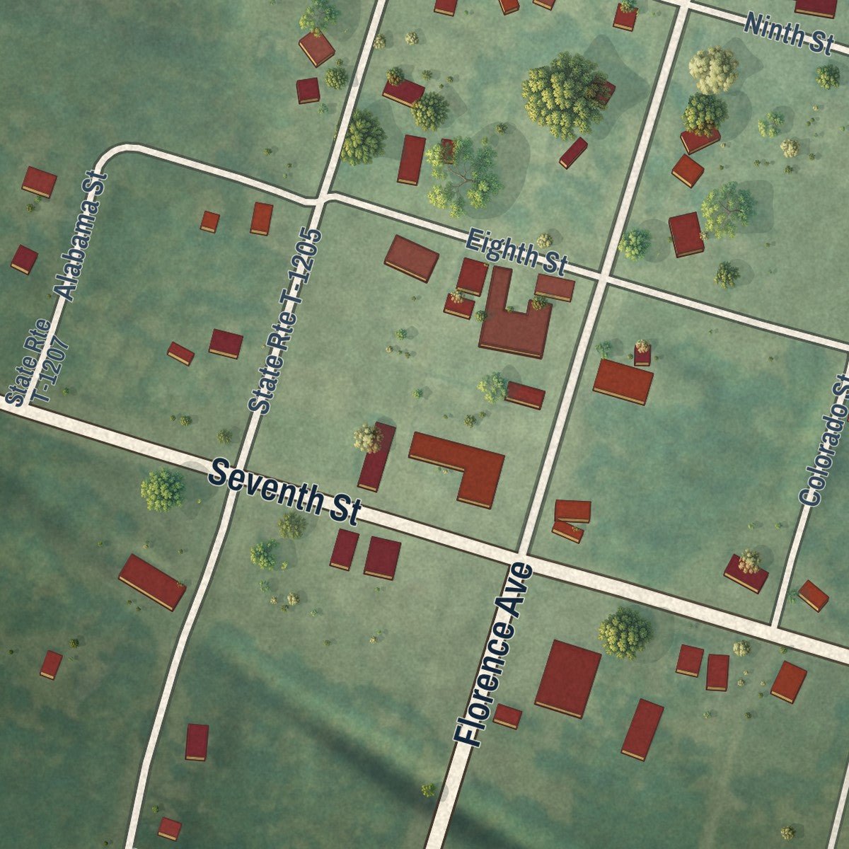 Close-up of the map of Virgilina, Virginia print showing street and building detail
