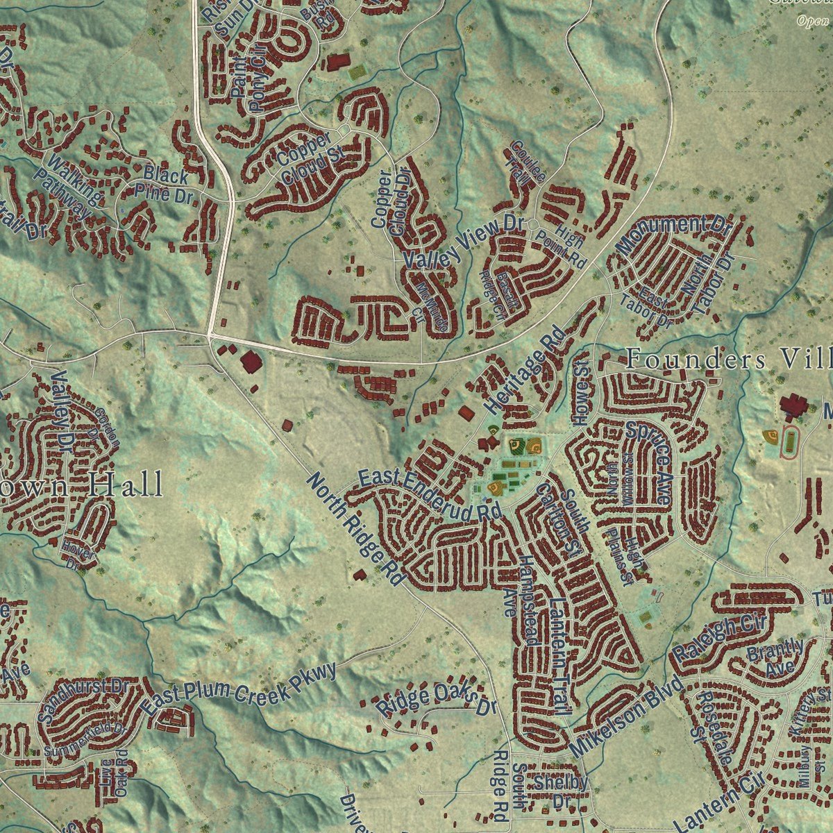 Close-up of the map of Castle Rock, Colorado print showing street and building detail