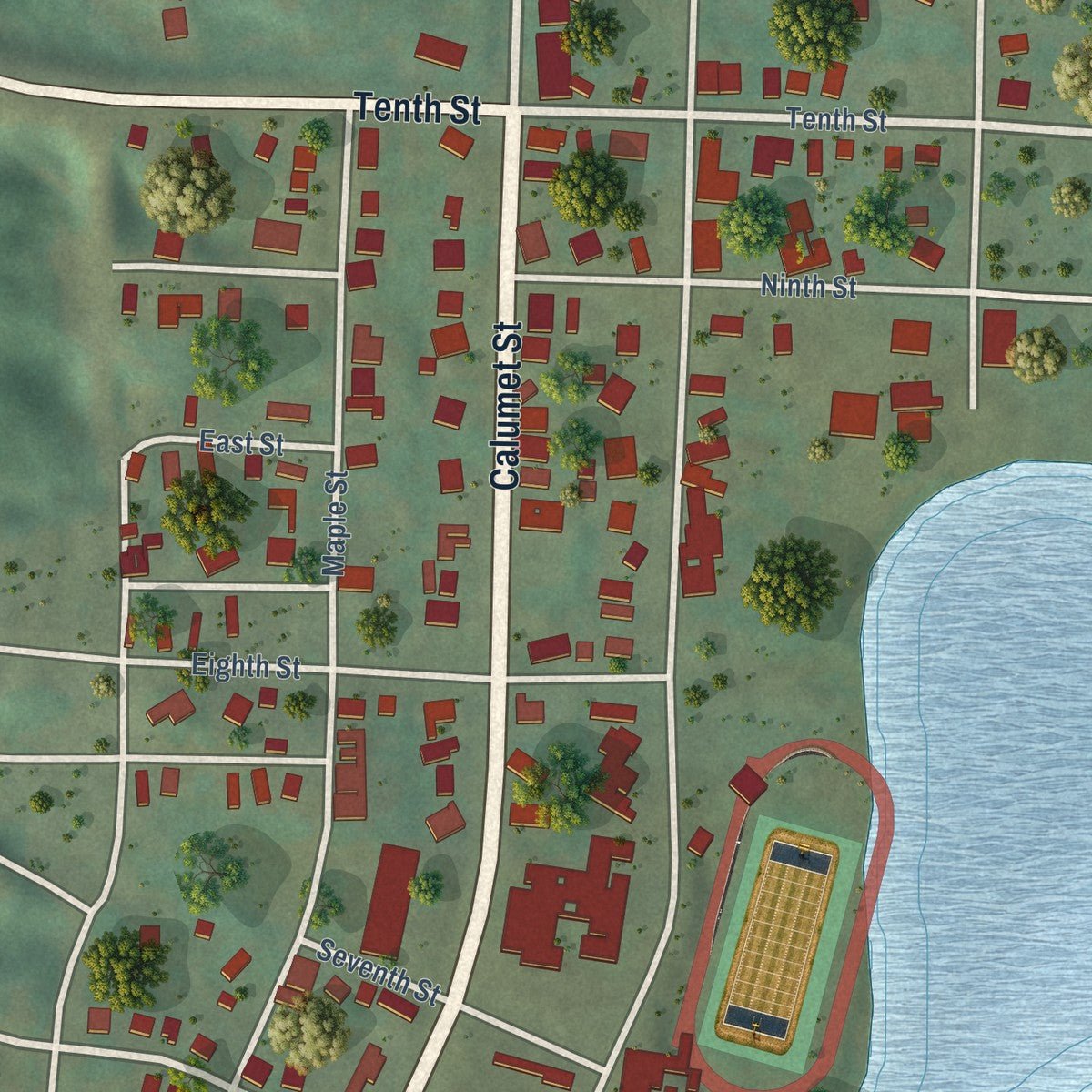 Close-up of the map of Lake Linden, Michigan print showing street and building detail