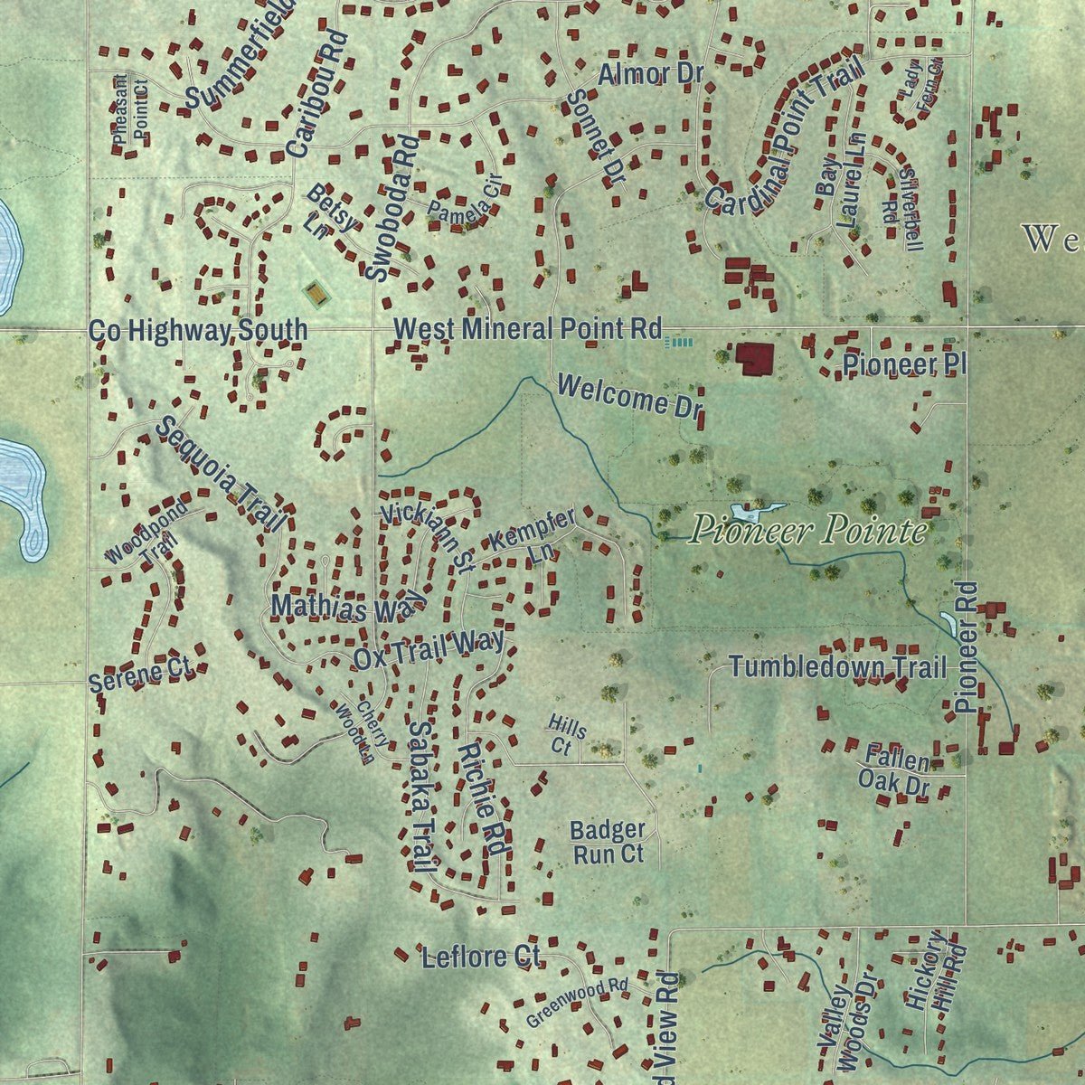 Close-up of the map of the Town of Middleton, Wisconsin print showing street and building detail