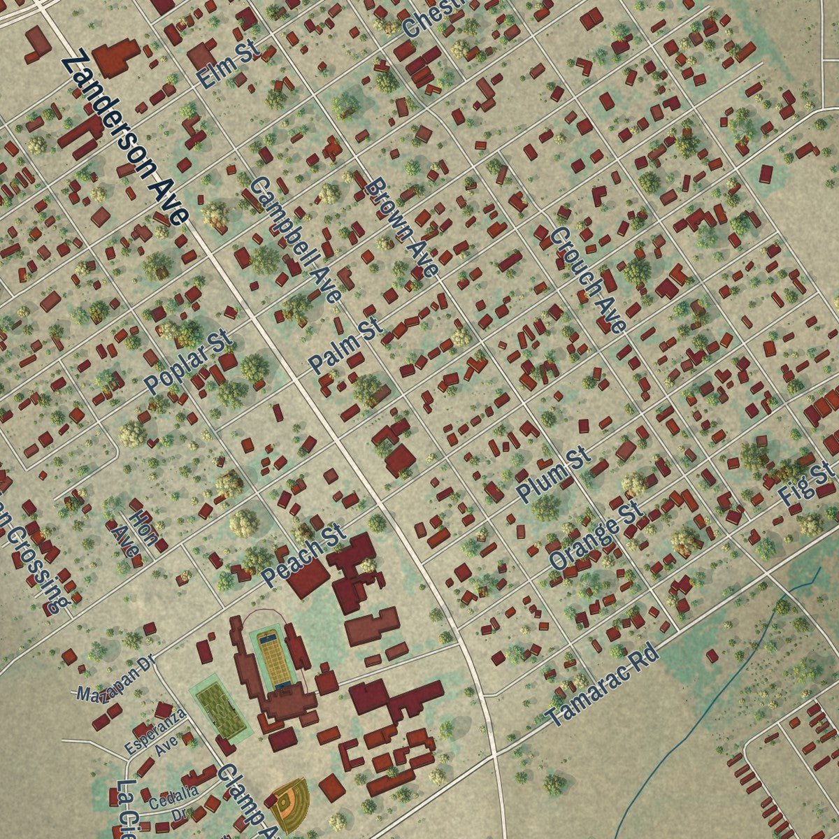Close-up of the map of Jourdanton, Texas print showing street and building detail