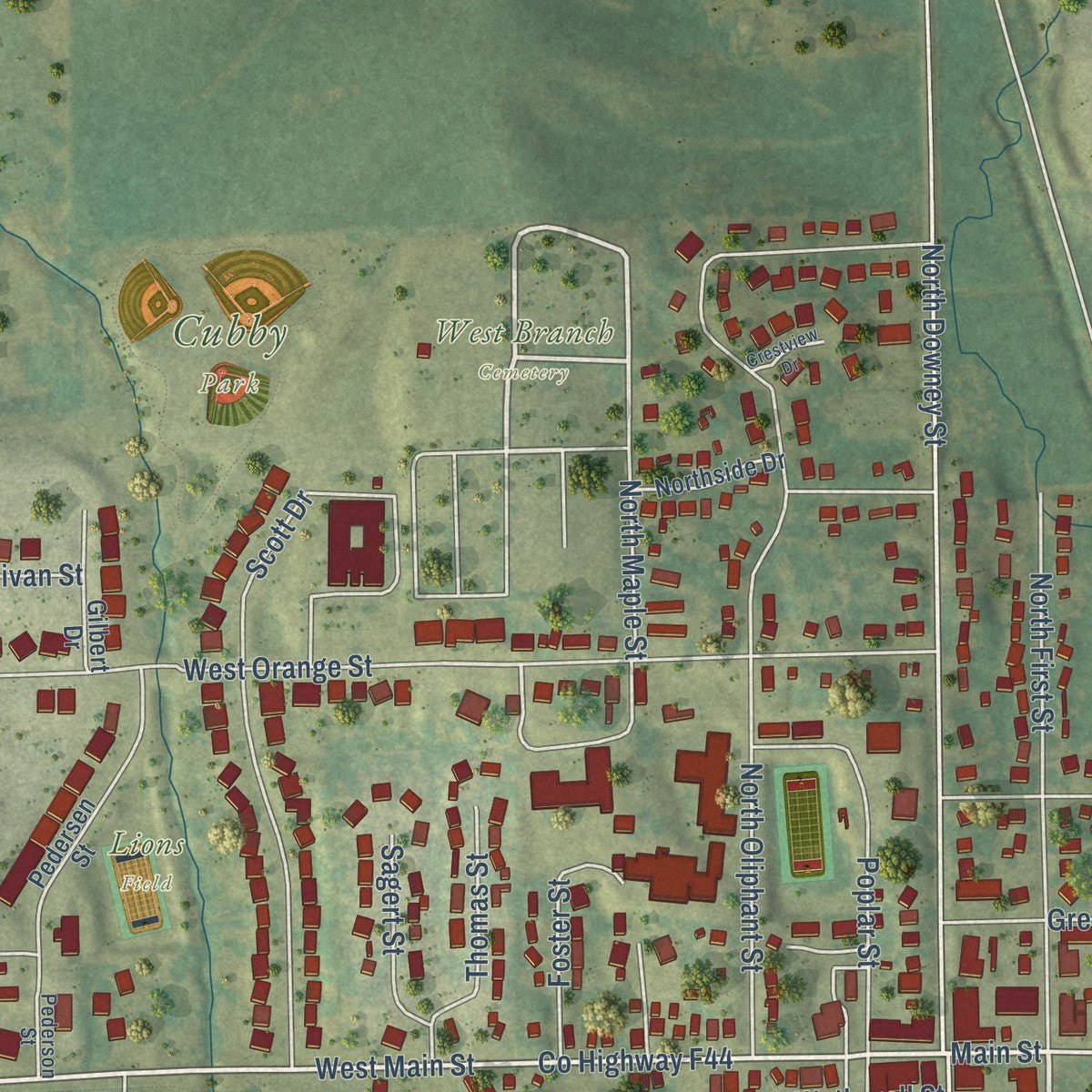 Close-up of the map of West Branch, Iowa print showing street and building detail