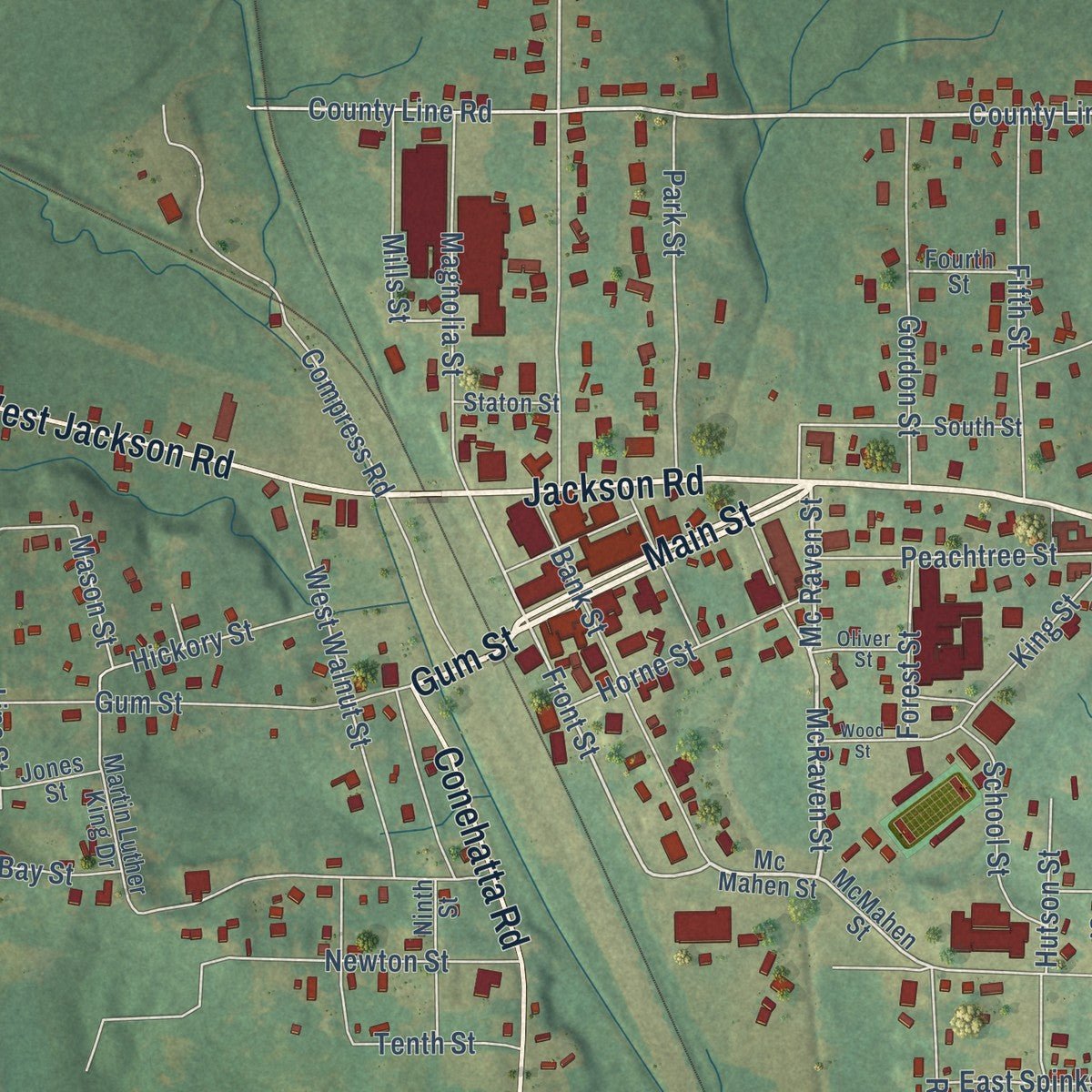 Close-up of the map of Union, Mississippi print showing street and building detail