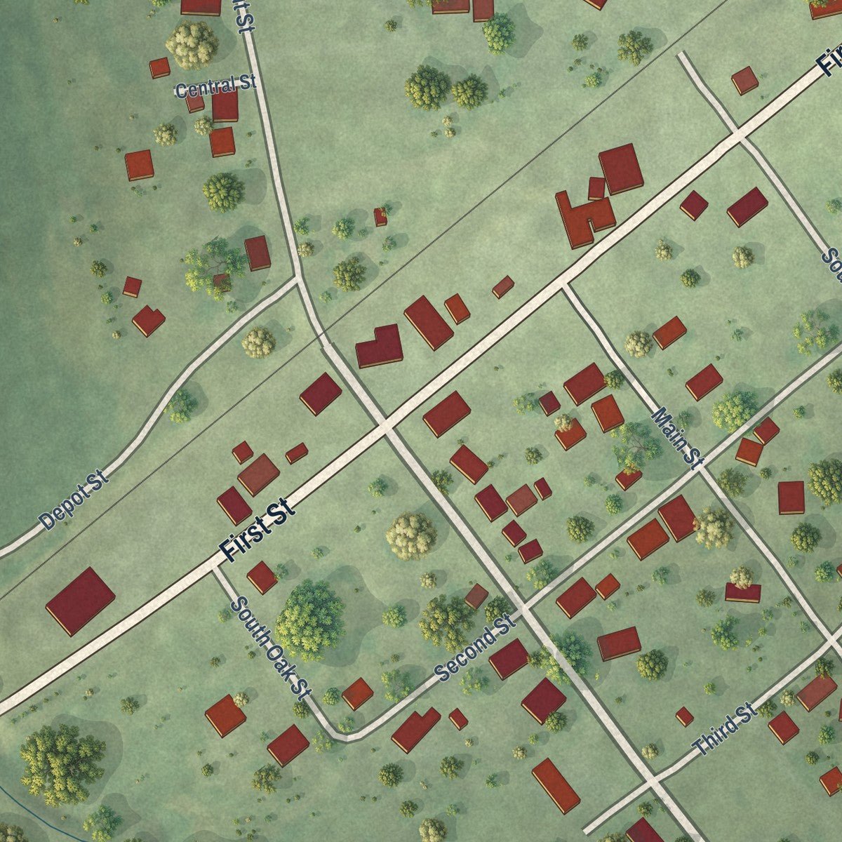 Close-up of the map of Ohlman, Illinois print showing street and building detail