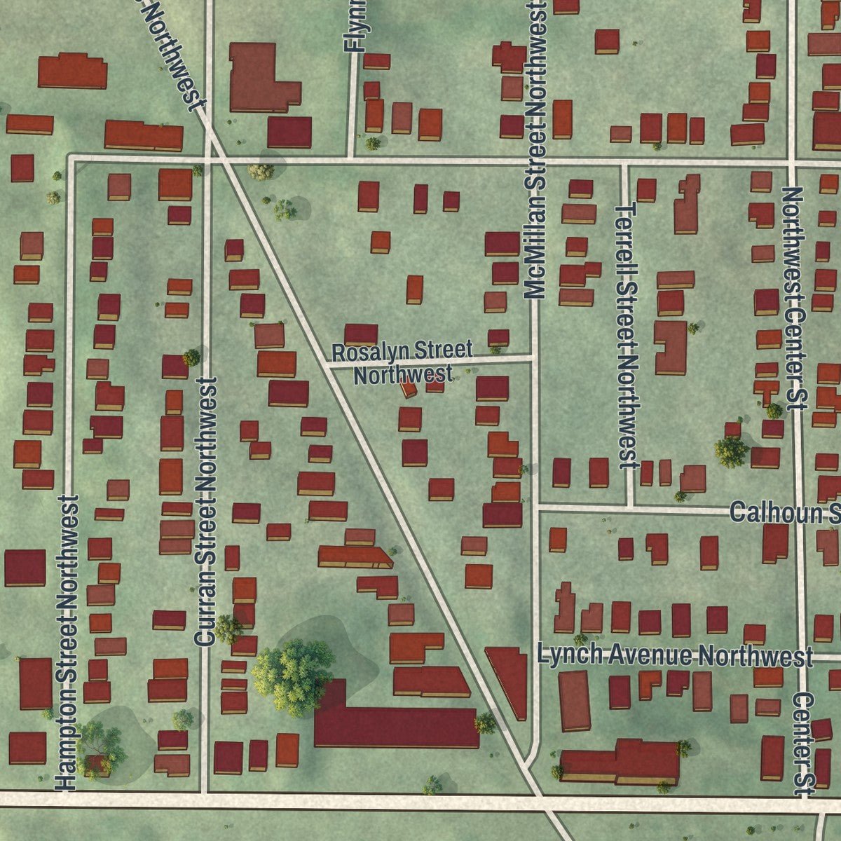 Close-up of the map of Home Park, Georgia print showing street and building detail