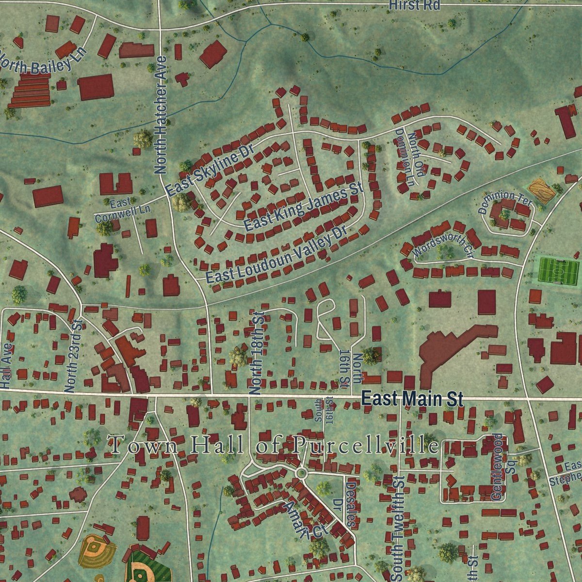 Close-up of the map of Purcellville, Virginia print showing street and building detail