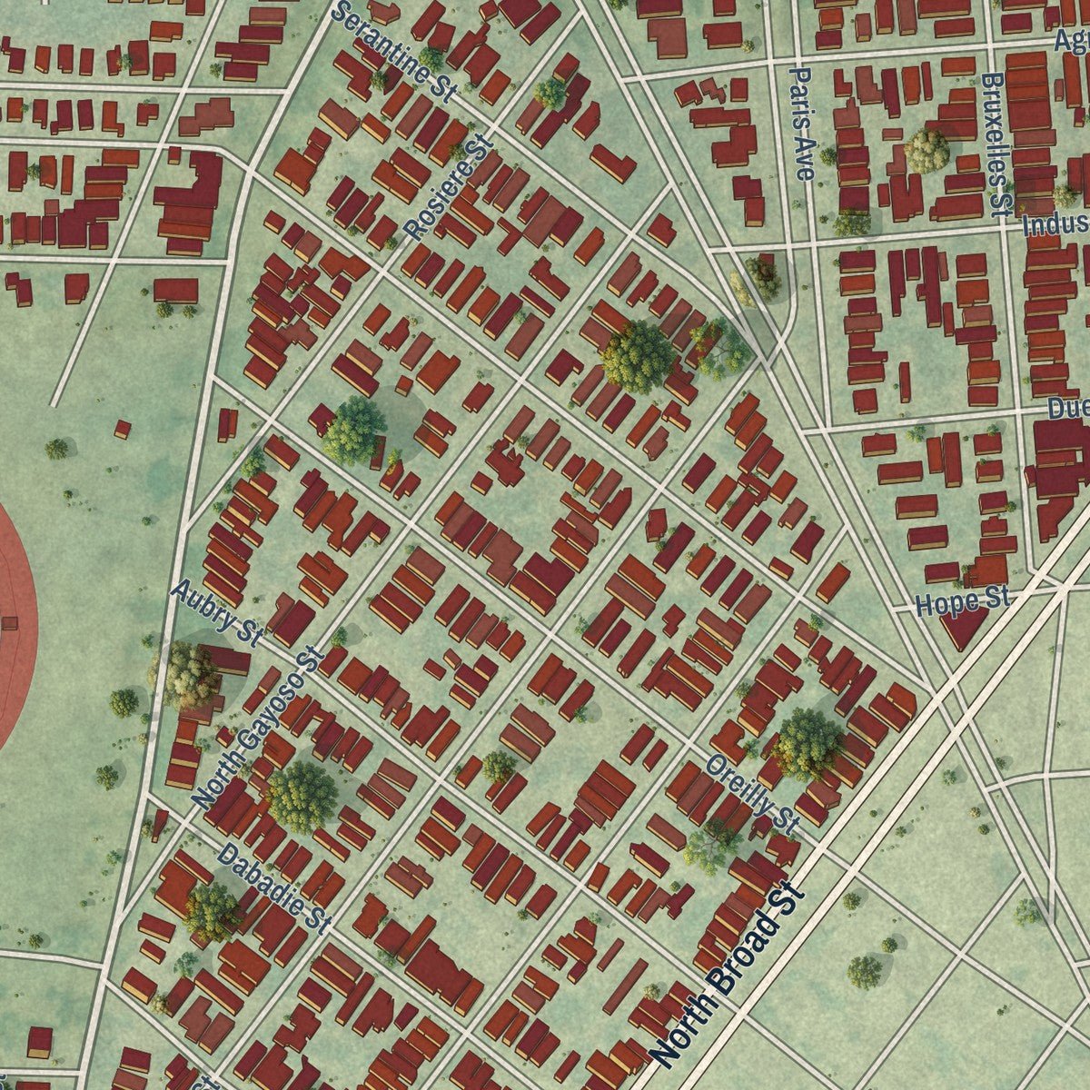 Close-up of the map of Fairgrounds - Broad, Louisiana print showing street and building detail