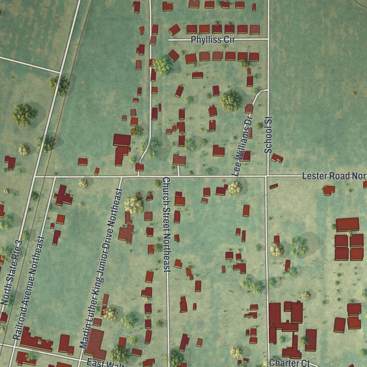 Close-up of the map of Baconton, Georgia print showing street and building detail