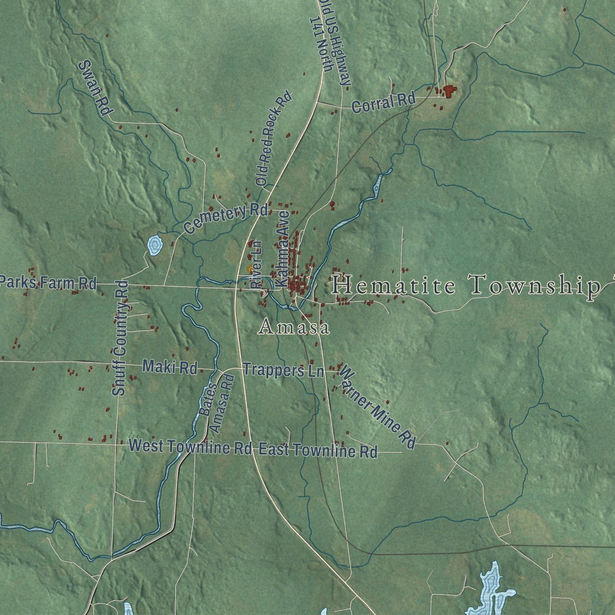 Close-up of the map of Hematite, Michigan print showing street and building detail