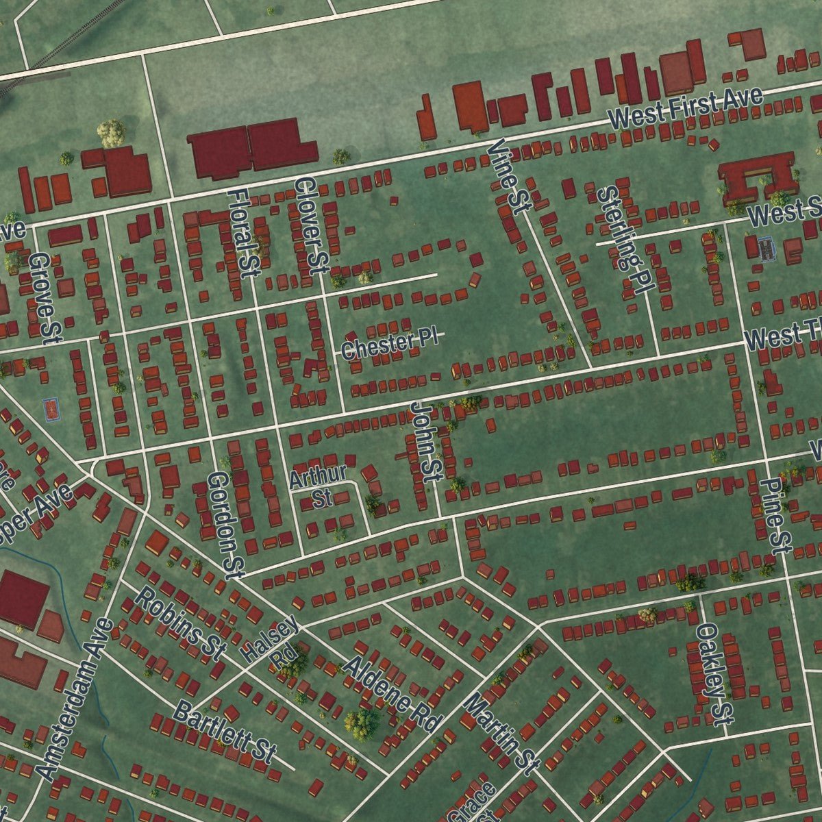 Close-up of the map of Roselle, New Jersey print showing street and building detail
