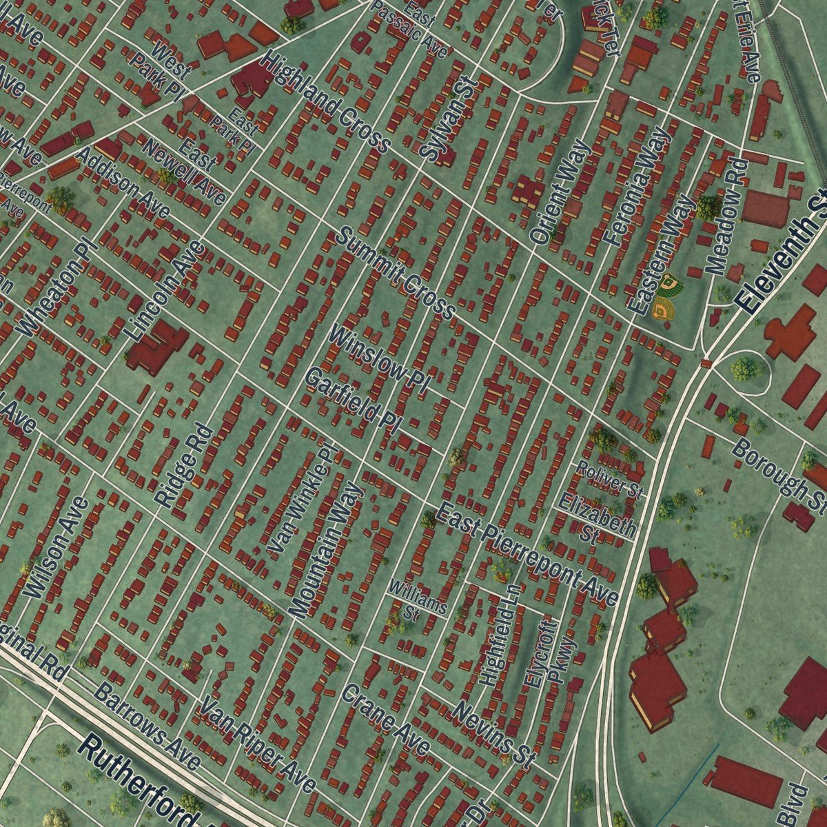 Close-up of the map of Rutherford, New Jersey print showing street and building detail