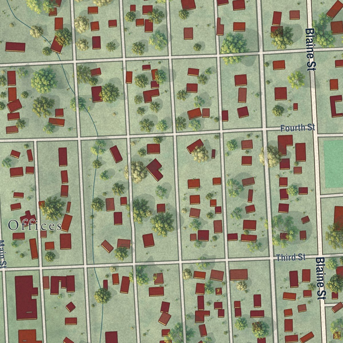 Close-up of the map of Beemer, Nebraska print showing street and building detail