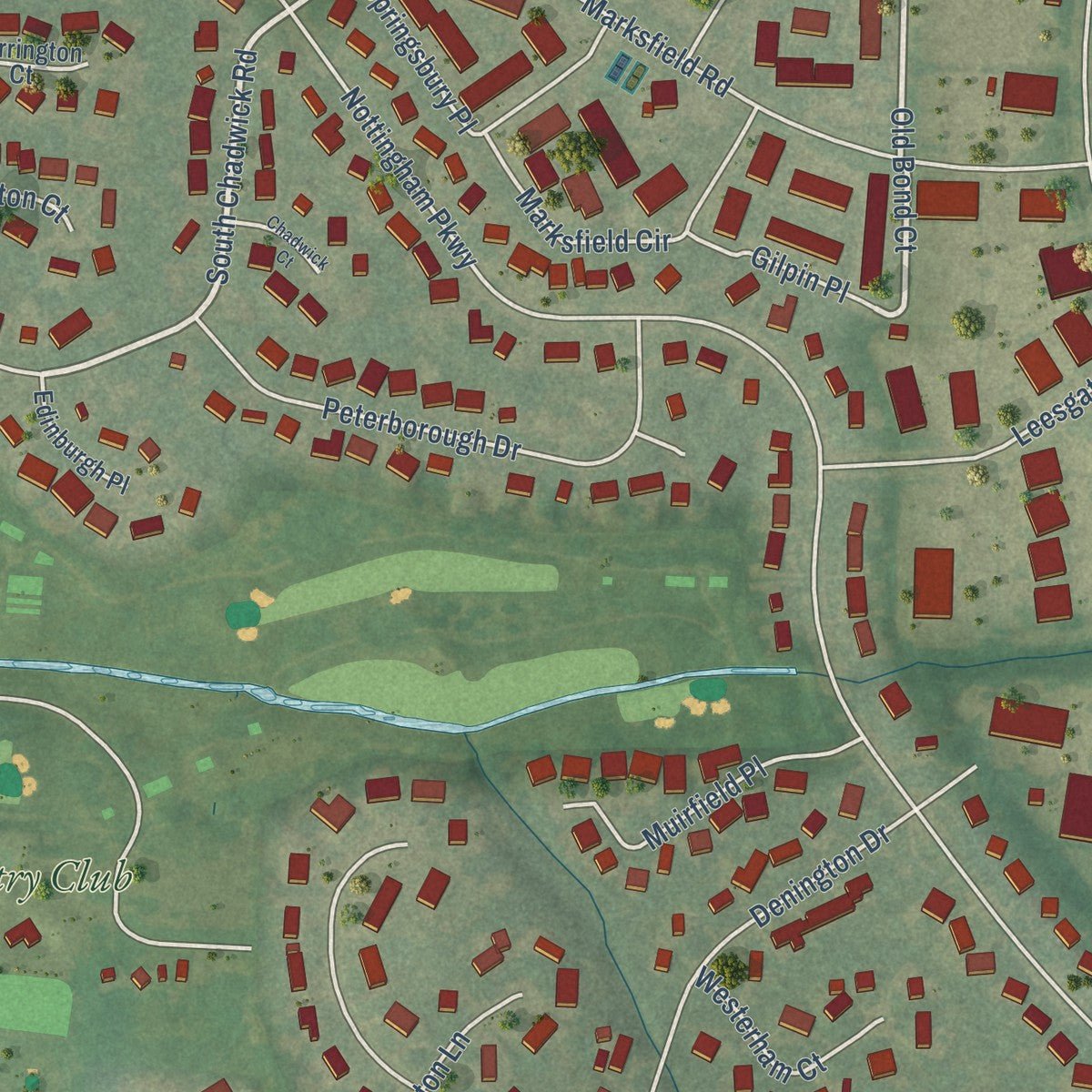 Close-up of the map of Hurstbourne, Kentucky print showing street and building detail