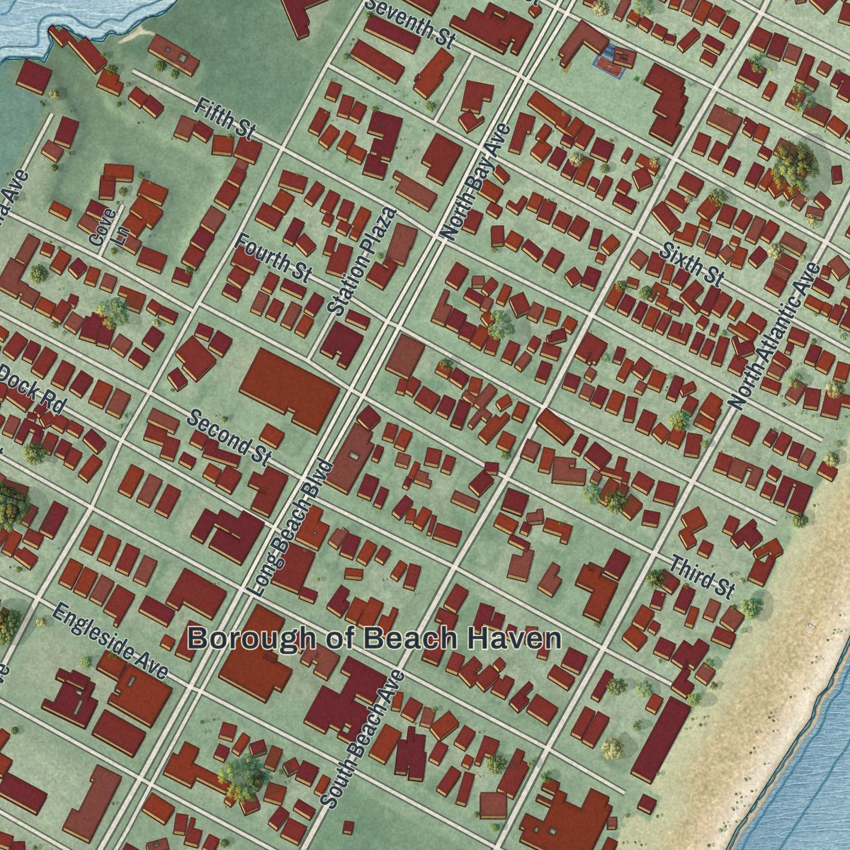 Close-up of the map of Beach Haven, New Jersey print showing street and building detail