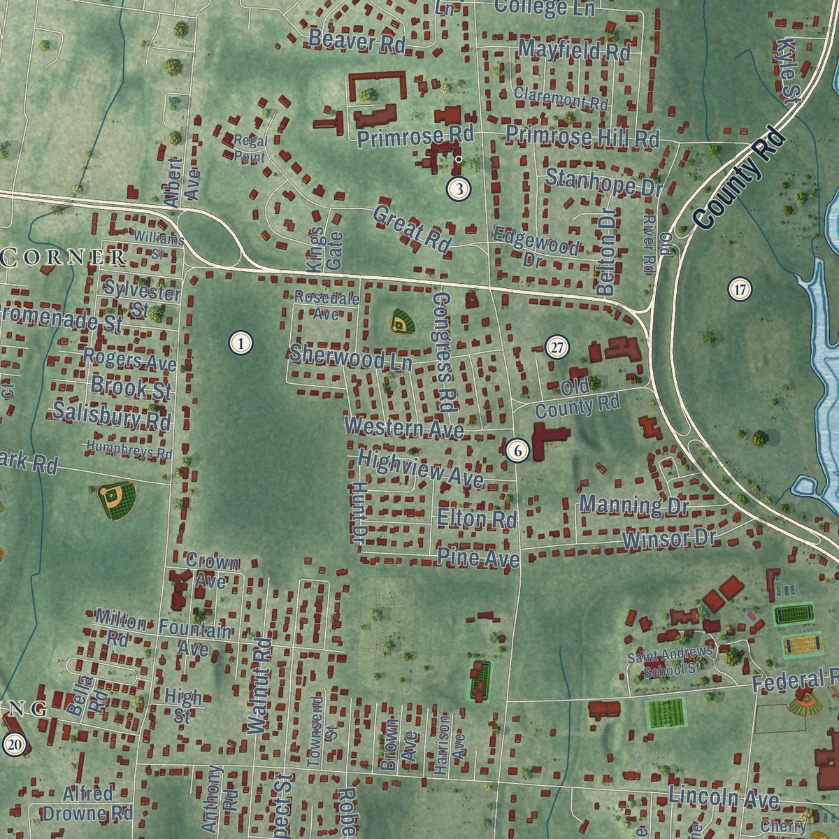 Close-up of the map of Barrington, Rhode Island print showing street and building detail
