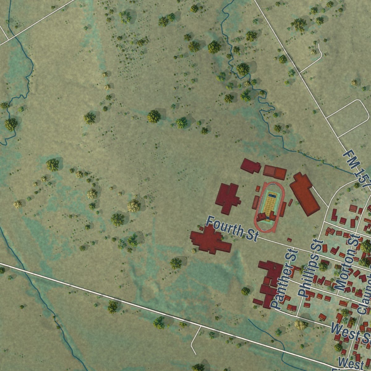 Close-up of the map of Maypearl, Texas print showing street and building detail