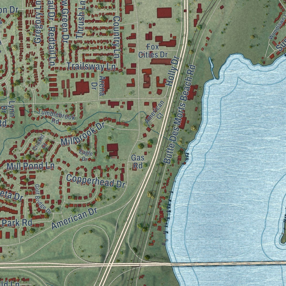Close-up of the map of Fox Crossing, Wisconsin print showing street and building detail