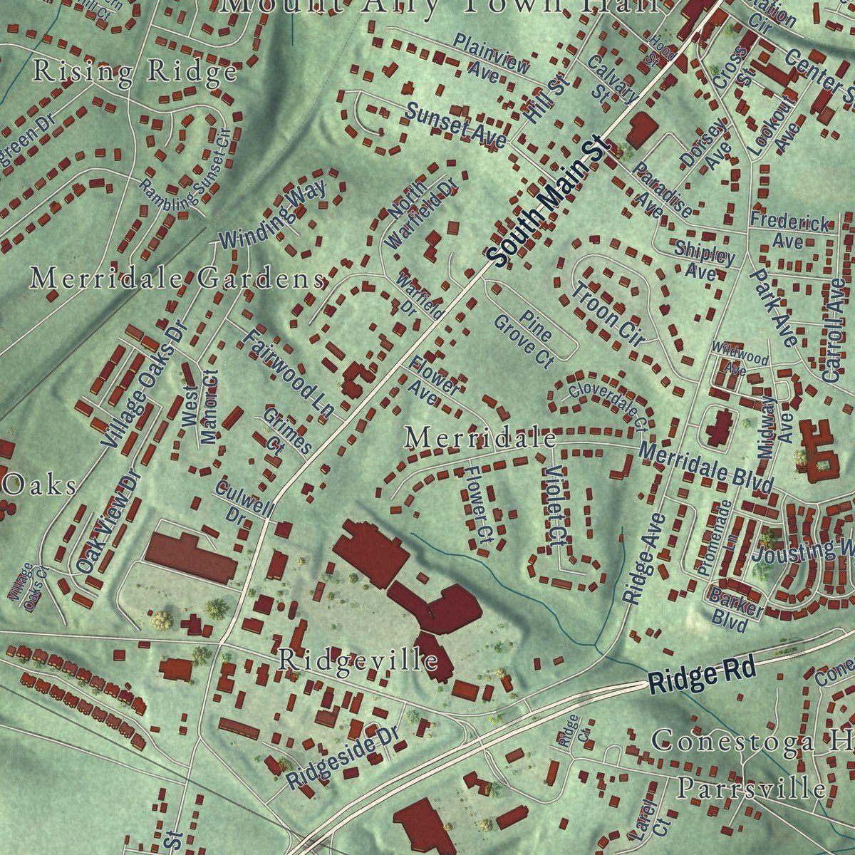 Close-up of the map of Mount Airy, Maryland print showing street and building detail