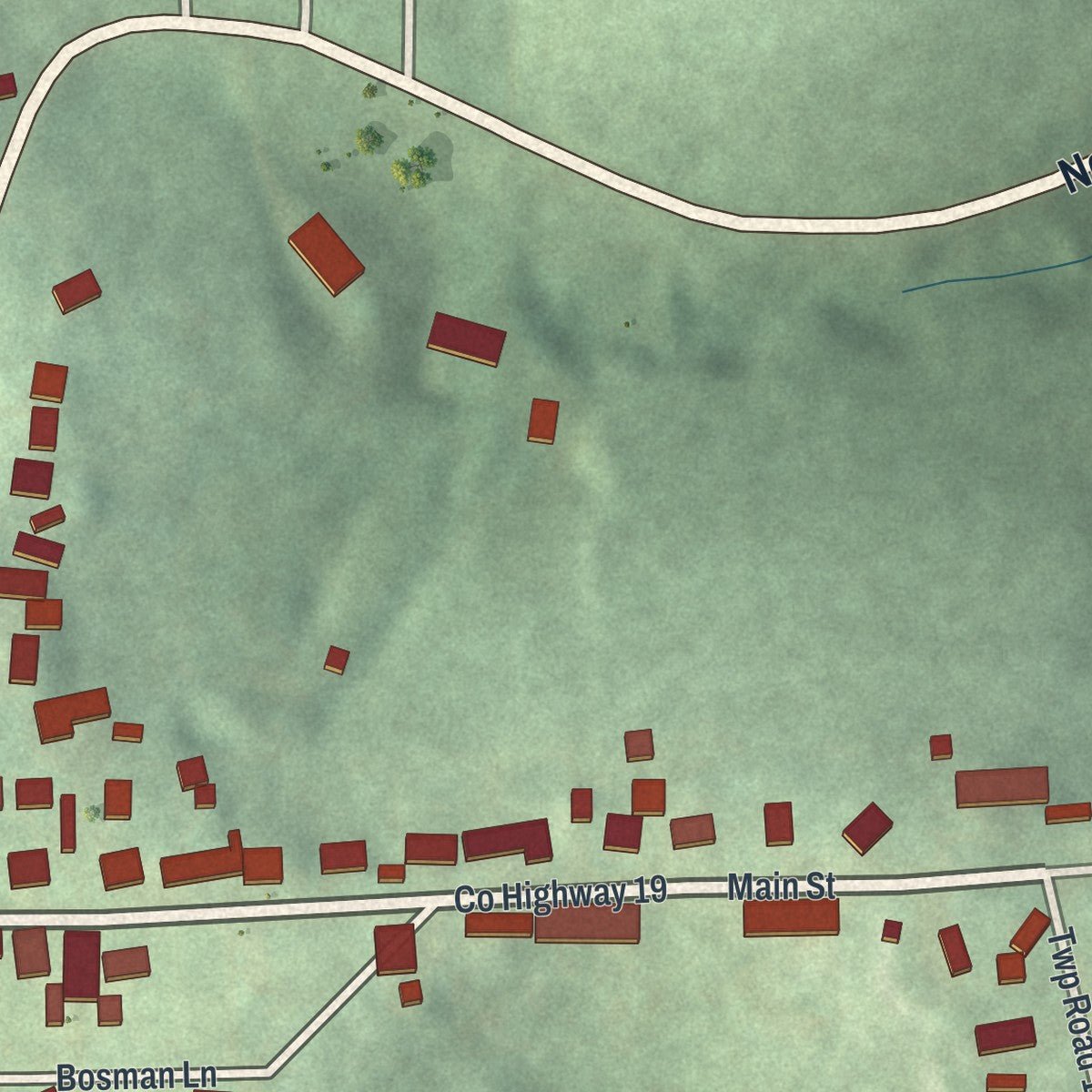 Close-up of the map of New Alexandria, Ohio print showing street and building detail