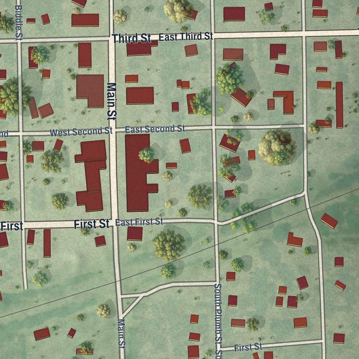 Close-up of the map of Moline, Kansas print showing street and building detail