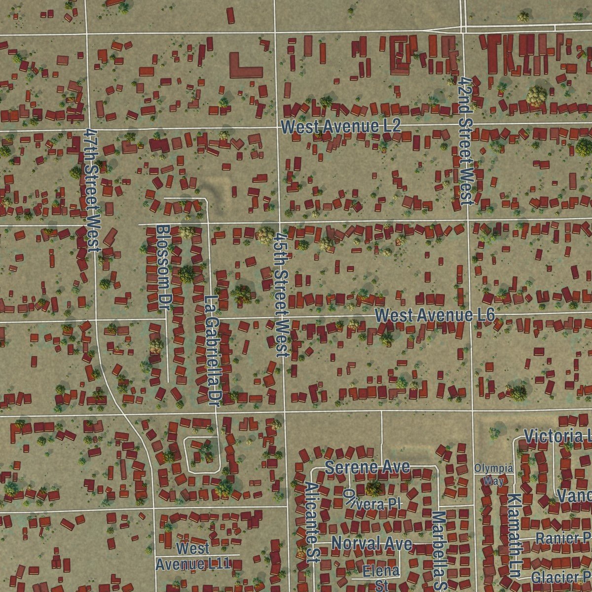 Close-up of the map of Quartz Hill, California print showing street and building detail