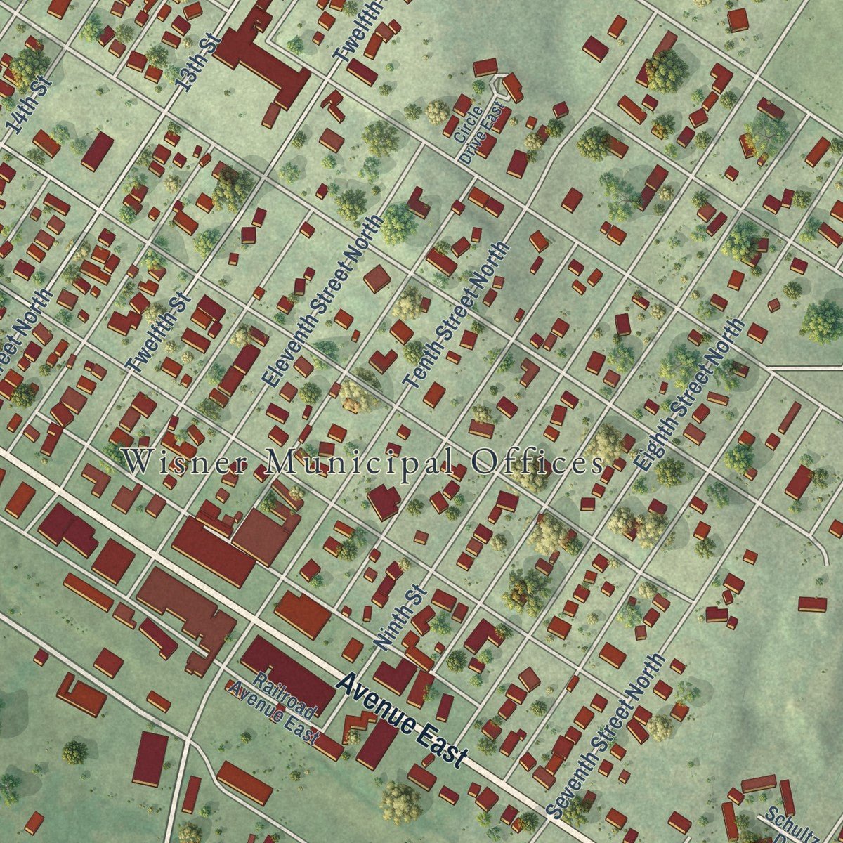 Close-up of the map of Wisner, Nebraska print showing street and building detail