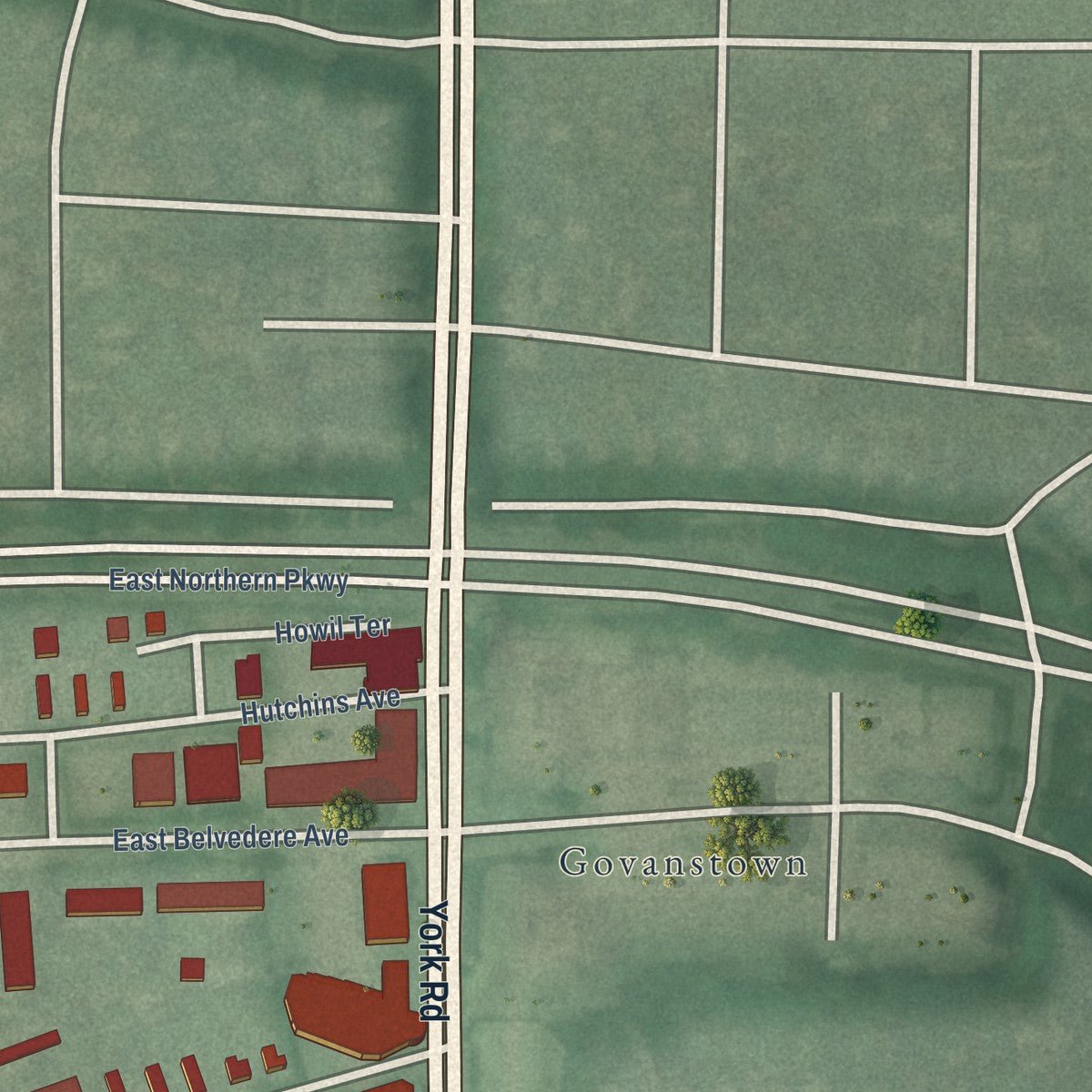 Close-up of the map of Rosebank, Maryland print showing street and building detail