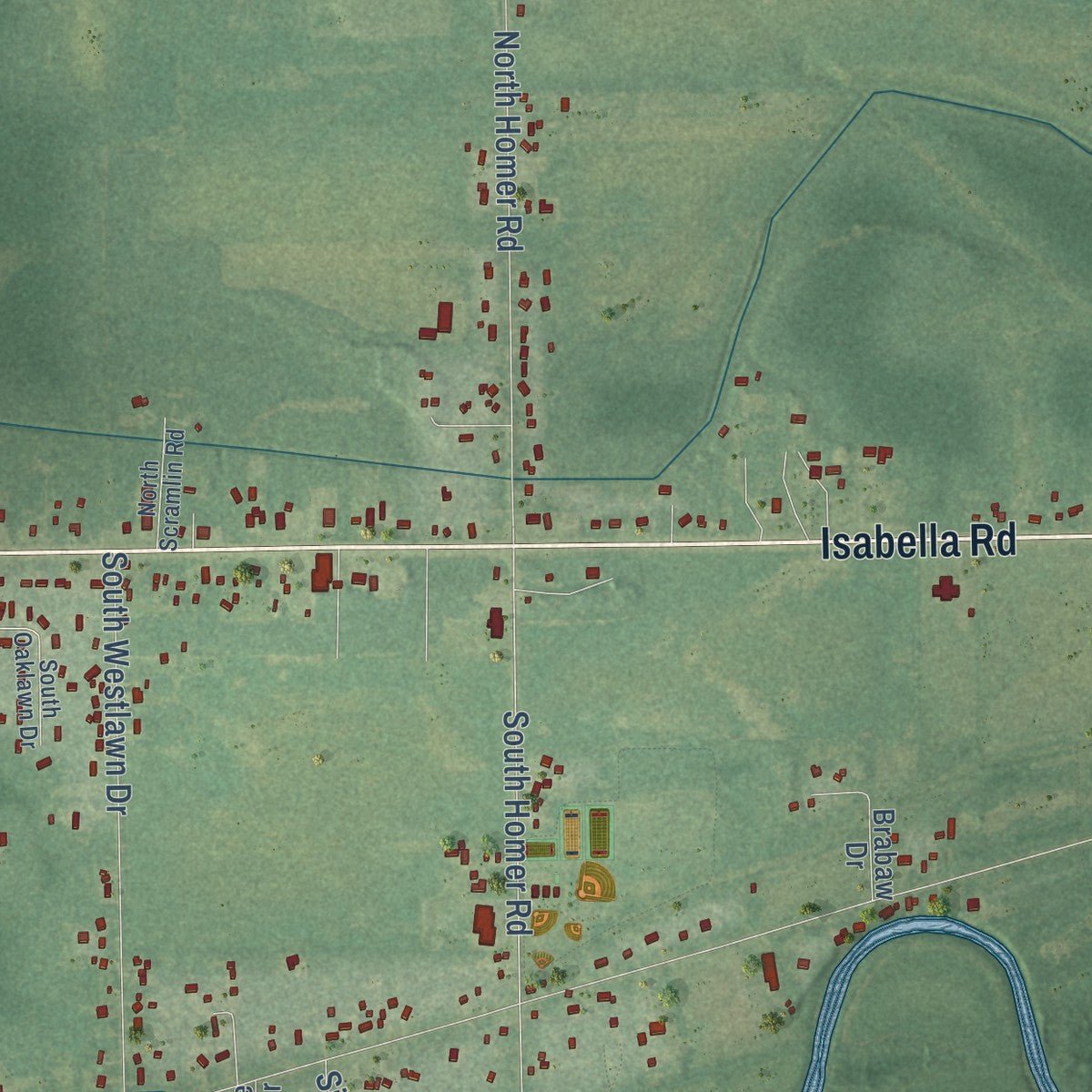 Close-up of the map of Homer, Midland County, Michigan print showing street and building detail