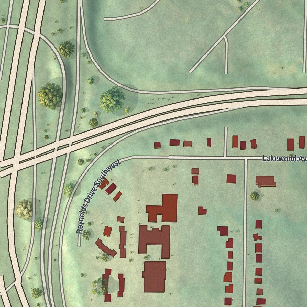 Close-up of the map of Polar Rock, Georgia print showing street and building detail