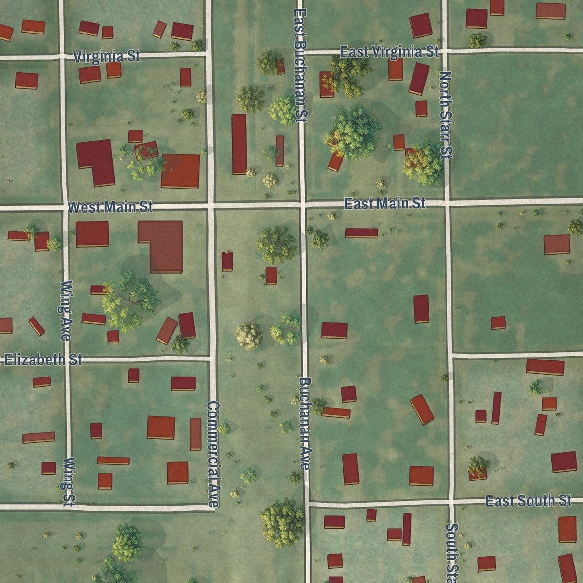 Close-up of the map of Waggoner, Illinois print showing street and building detail