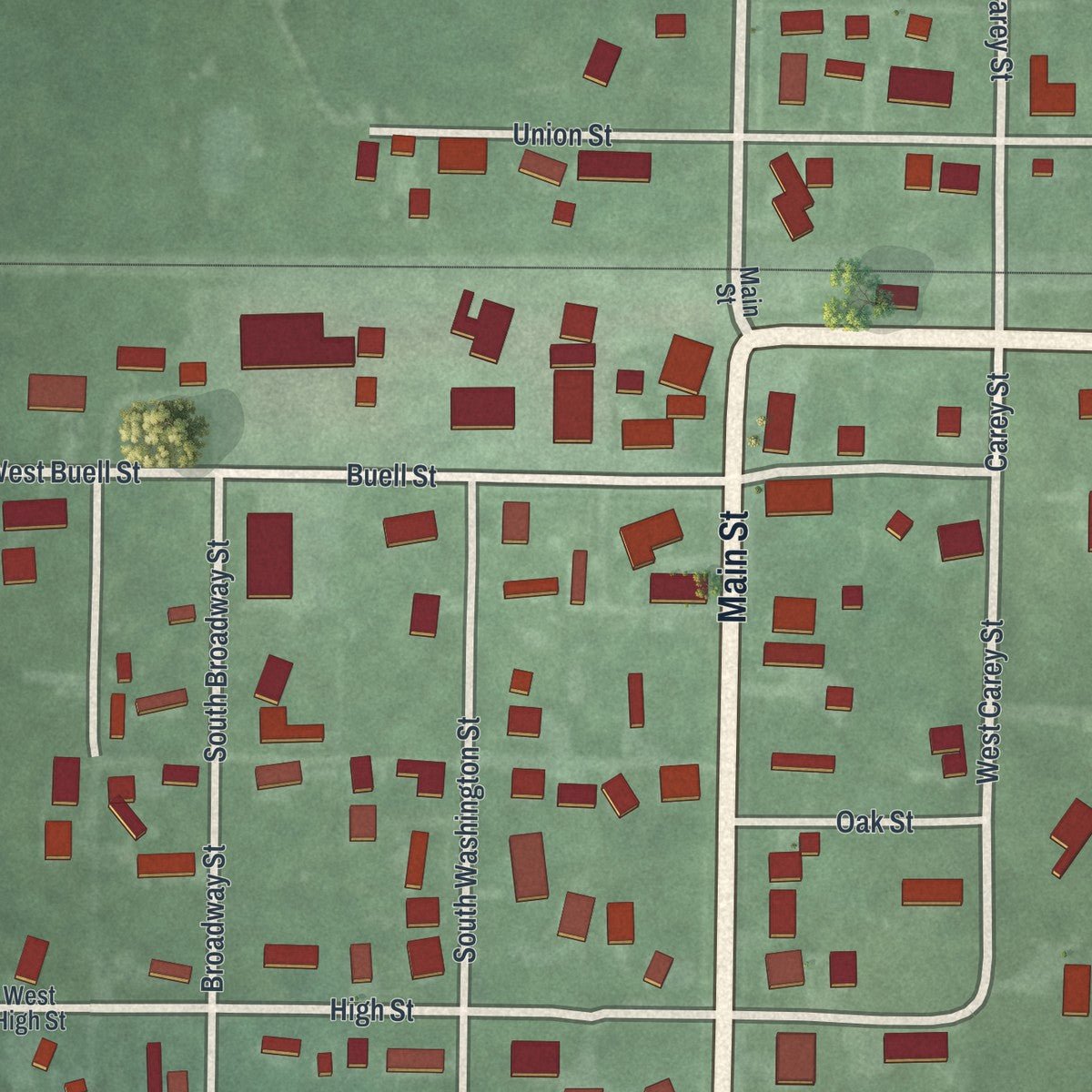 Close-up of the map of New Bloomington, Ohio print showing street and building detail