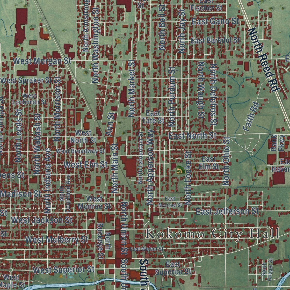 Close-up of the map of Kokomo, Indiana print showing street and building detail