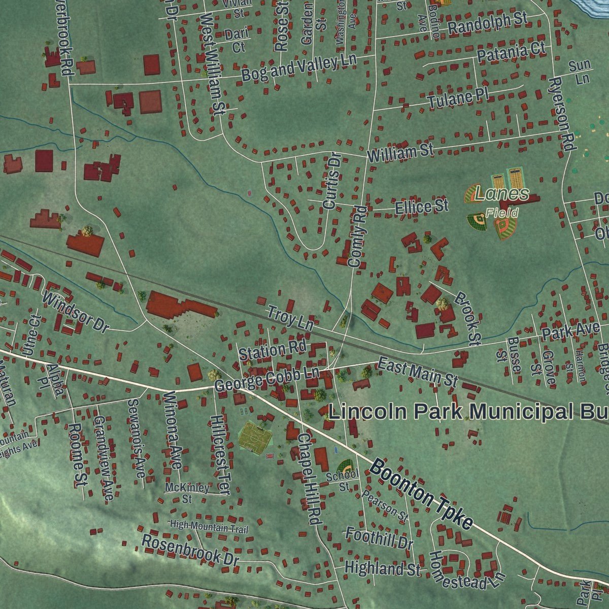 Close-up of the map of Lincoln Park, New Jersey print showing street and building detail