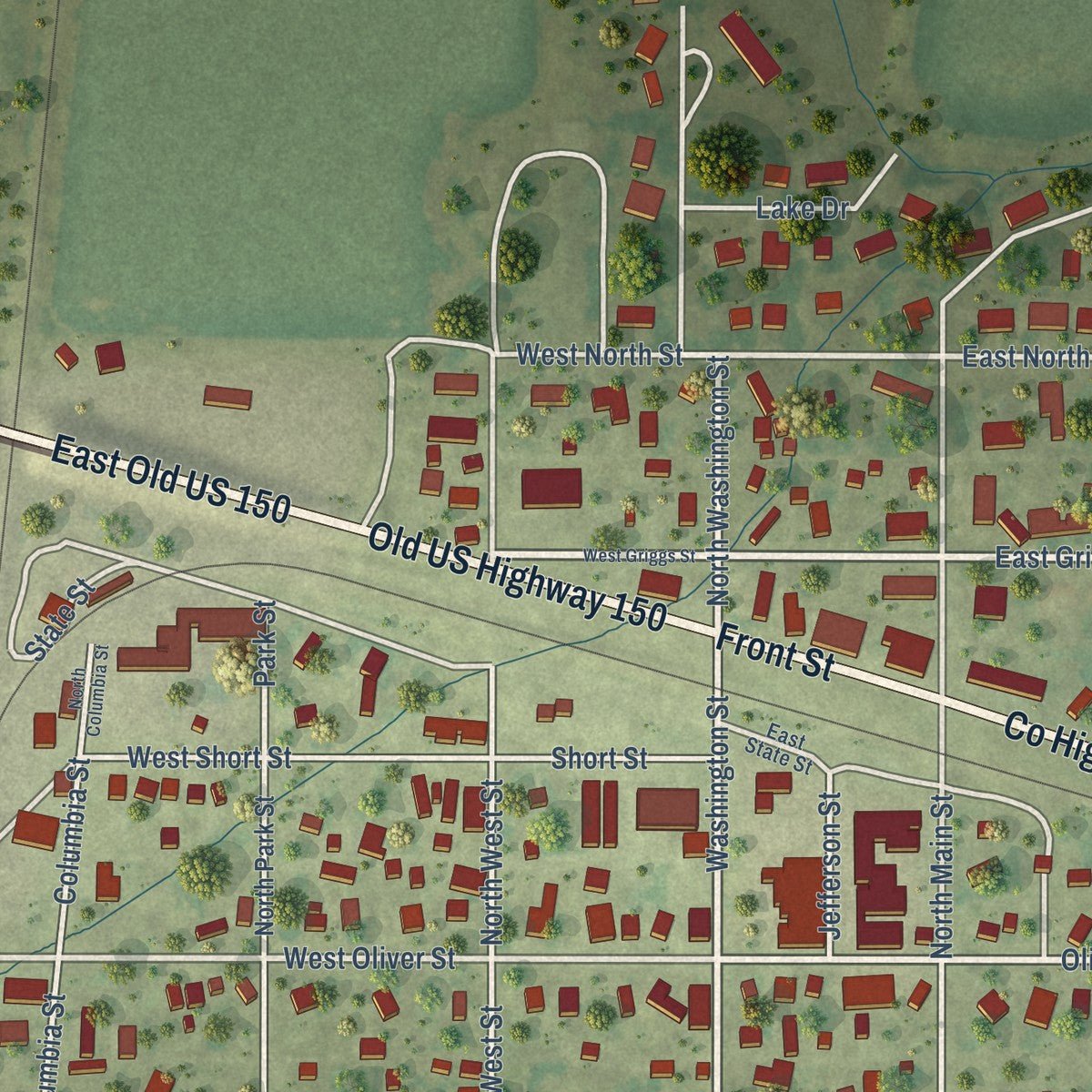 Close-up of the map of Mansfield, Illinois print showing street and building detail