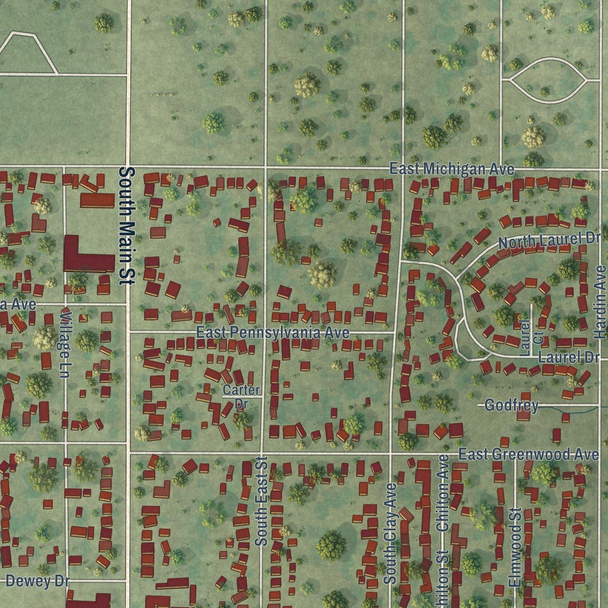 Close-up of the map of South Jacksonville, Illinois print showing street and building detail