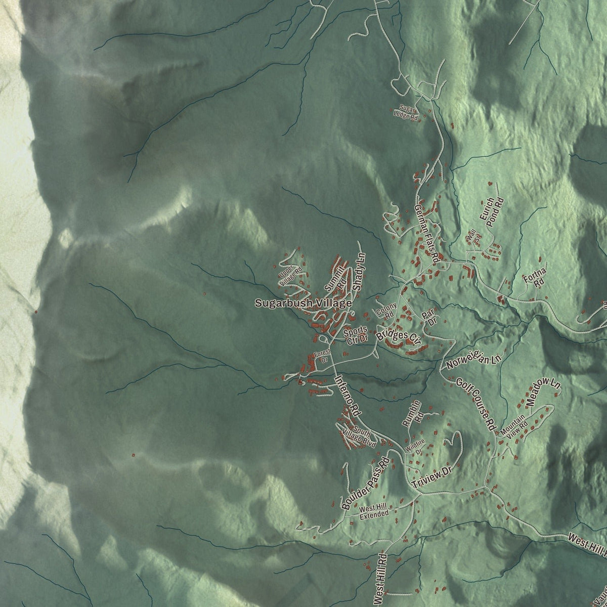 Close-up of the map of Warren, Vermont print showing streets and neighborhoods