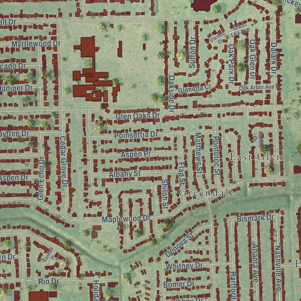Close-up of the map of Merrydale, Louisiana print showing street and building detail